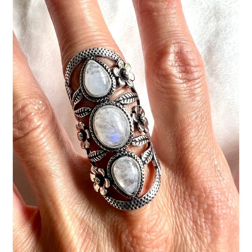 925 Flower Child Rainbow Flash Moonstone Shield Ring 6 - Picture 8 of 13